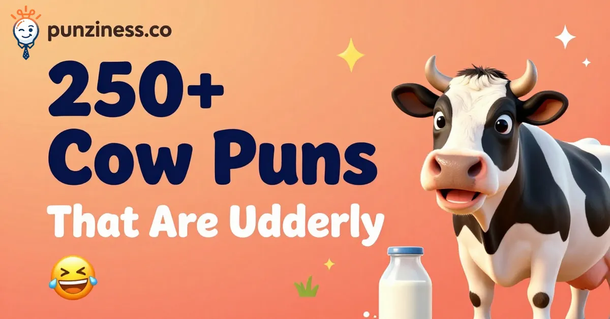 250+ funny cow puns with a playful cartoon cow and milk-themed design