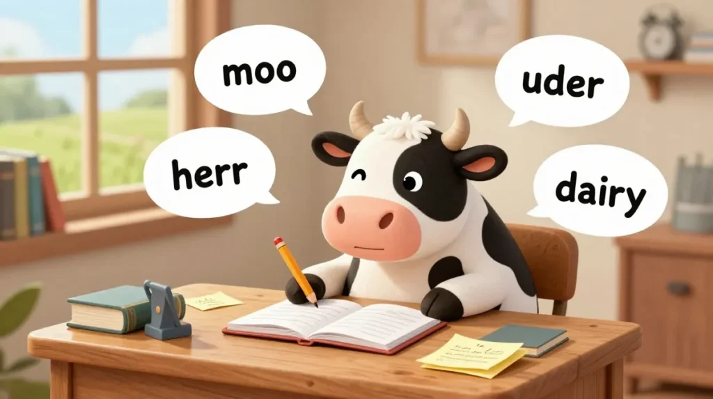 Funny cow brainstorming cow puns at a desk with a notebook, pencil, and wordplay notes
