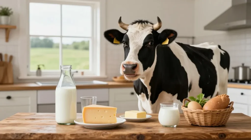 Happy cow beside a table of fresh milk, cheese, butter, and other dairy foods
