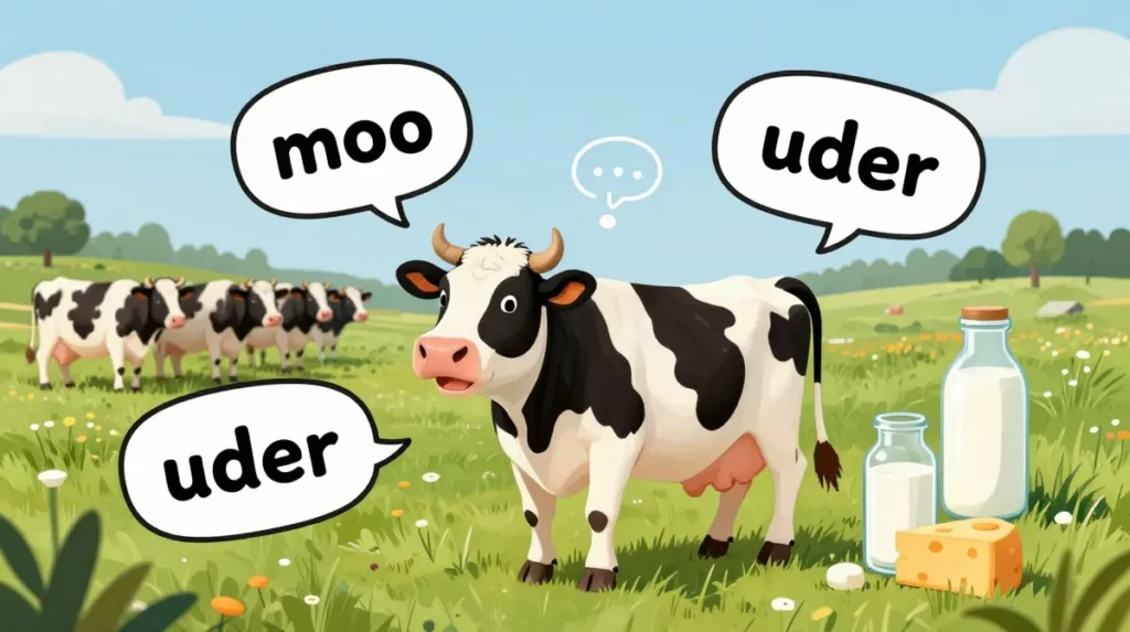 Funny cow surrounded by visual examples of moo, udder, herd, dairy, and farm wordplay