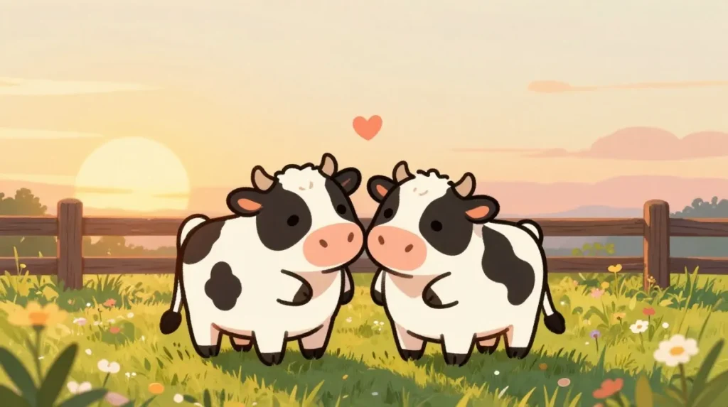 Two affectionate cows standing together in a meadow at sunset with hearts and wildflowers
