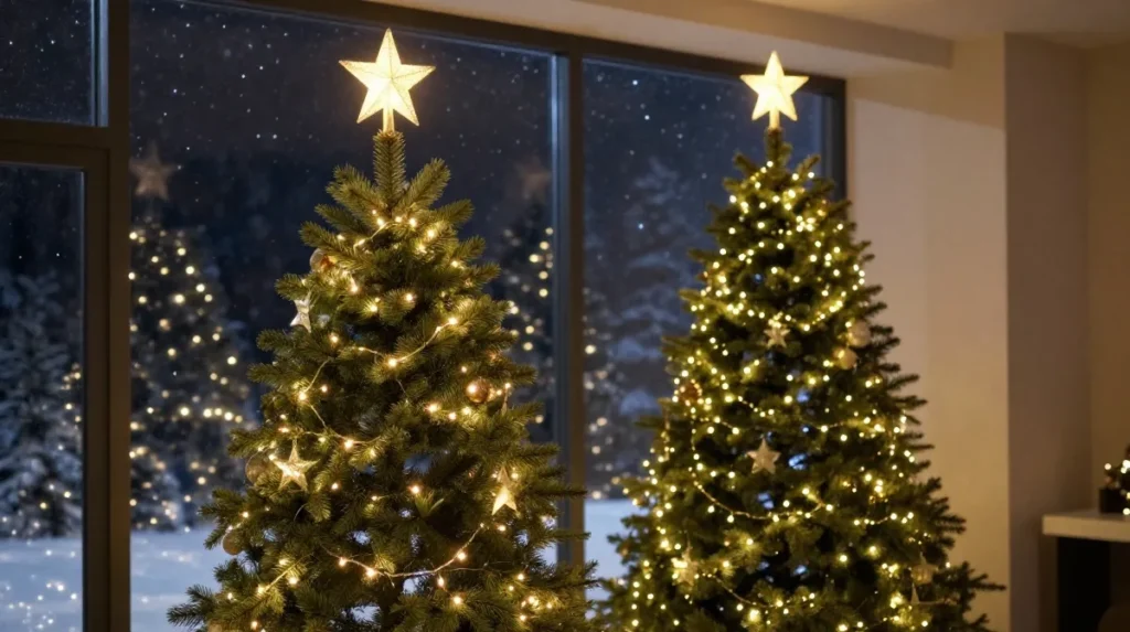 Stars sit on top of Christmas trees
